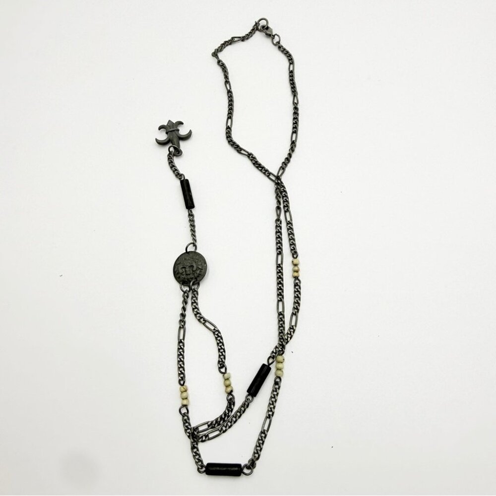 Vintage Fleur-de-Lis Y Necklace Gunmetal Chain Pendant Necklace - Picture 5 of 8